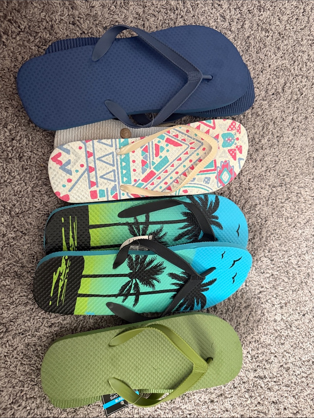 Assorted Flip Flop Lot - Blue, White Patterned, Teal Palm, Green
